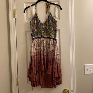 Smocked hi-low halter tunic with side cutouts